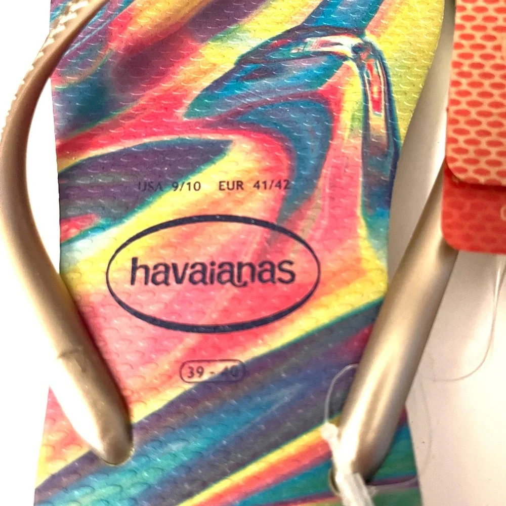 Havaianas Rainbow Swirl Flip Flops with Gold Straps Lime Green 9/10 women - Picture 3 of 8